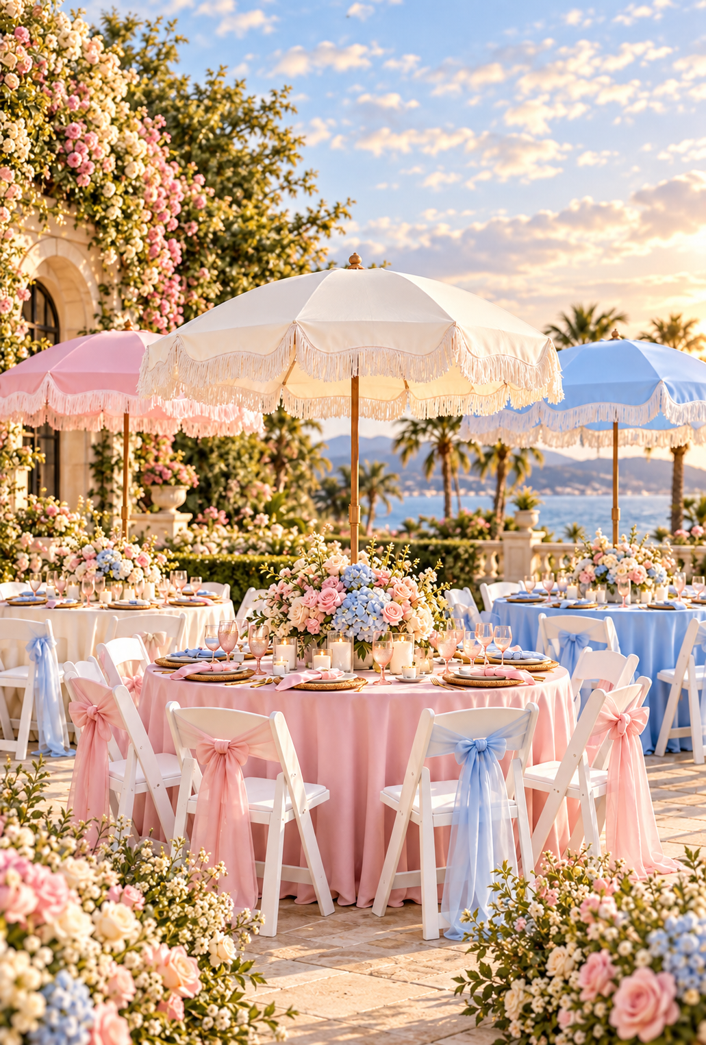 Celebration setup with pink, white, and blue fringe umbrellas, decorated tables, and chairs